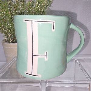 Anthropologie Mint Green Ceramic Mug with Hand Painted Letter F